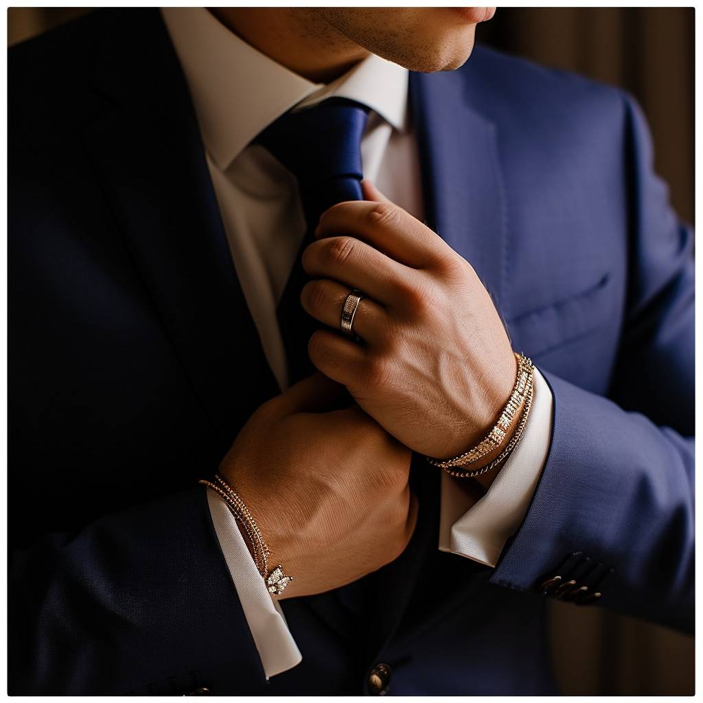 The photograph captures an elegant moment of a man poised in the process of perfection—adjusting his tie. Dressed in a sophisticated blue suit complemented by a crisp white shirt, the man's attention to detail is evident. His accoutered wrist glistens with accessories that speak of style and class, their metallic shine adding a hint of opulence. The partial view focuses on the act, highlighting the importance of personal presentation and the quiet confidence it exudes.