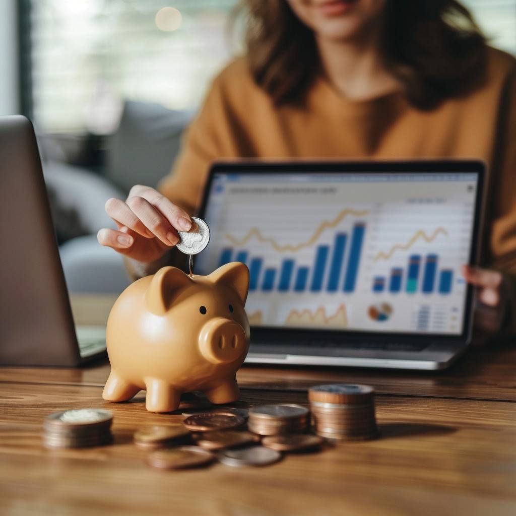 In the image, a focused young woman is seen depositing a coin into a golden piggy bank, symbolizing her commitment to saving and managing her financial future. At her workspace, scattered coins and a laptop displaying financial graphs suggest she is thoroughly analyzing her economic status and planning ahead. This scenario highlights the importance of financial planning and the practical steps individuals take to secure their financial stability.