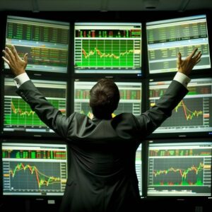 In a dimly lit room, illuminated only by the vivid glow of multiple trading screens, a businessman dressed in a formal suit stands with his back turned to us. His outstretched arms reach towards the ceiling in a clear gesture of triumph. Charts and graphs displaying stock market trends cover the monitors, suggesting a victorious moment, perhaps the culmination of a profitable trade or the climax of a booming market day.